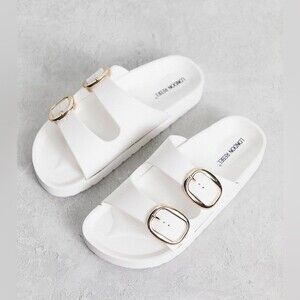 London Rebel double buckle footbed sandals in white